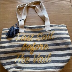 Striped Canvas Tote Bag with Gold Lettering